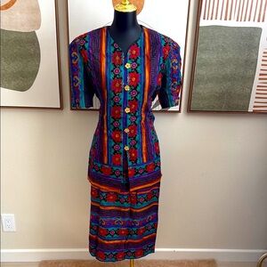 Lady Carol Vintage Blue Purple Red Button Down Shirt Skirt Set